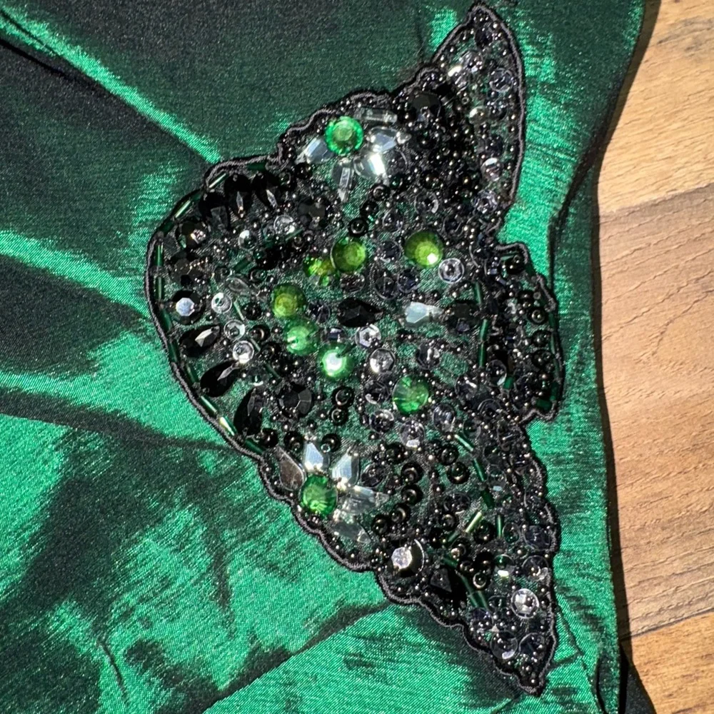 Xscape by Joanna Chen Emerald Green Satin Cocktail Dress w/ Beaded Accent - Picture 8 of 8